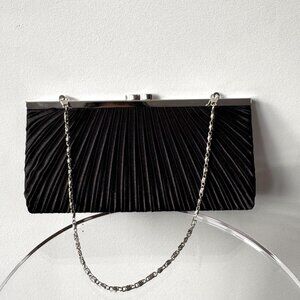 90s vintage black satin pleated classic silver chain formal evening bag clutch